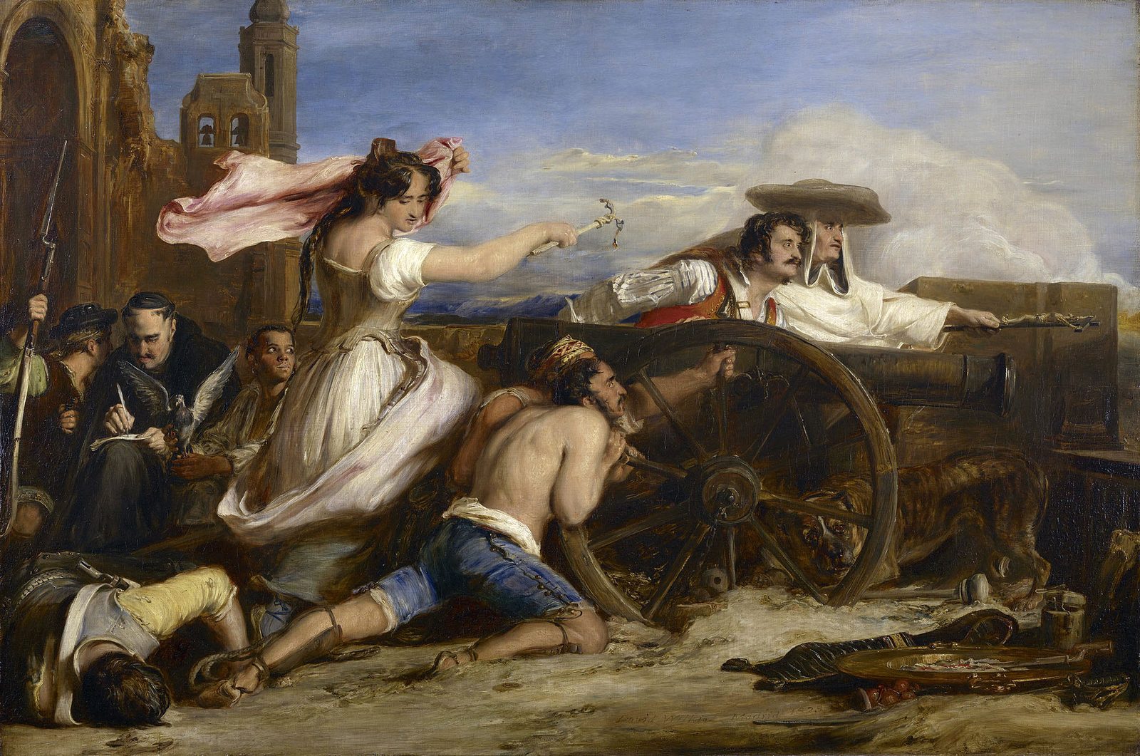 Pintura de David Wilkie mostrando a Agustina de Aragón disparando un cañón durante el sitio de Zaragoza de 1808, con el general Palafox y un fraile agustino