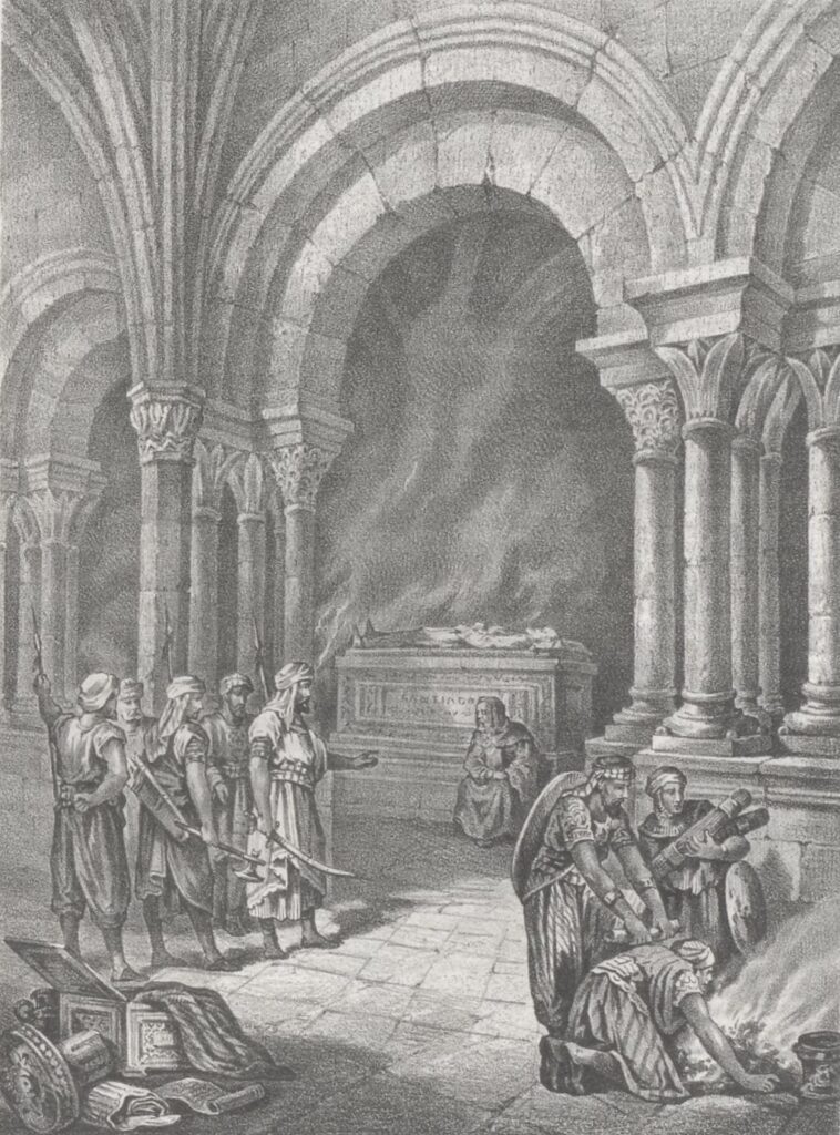 Almanzor frente al sepulcro de Santiago en Compostela durante la razia omeya de 997