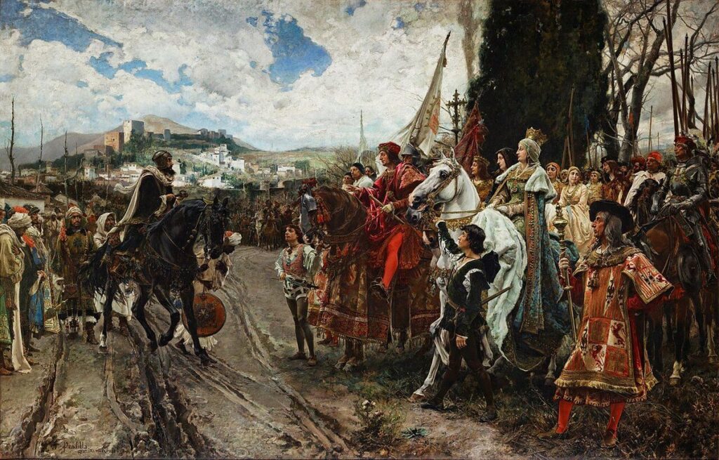 Boabdil entrega Granada a los Reyes Católicos, 2 de enero de 1492. Cuadro de Francisco Pradilla.