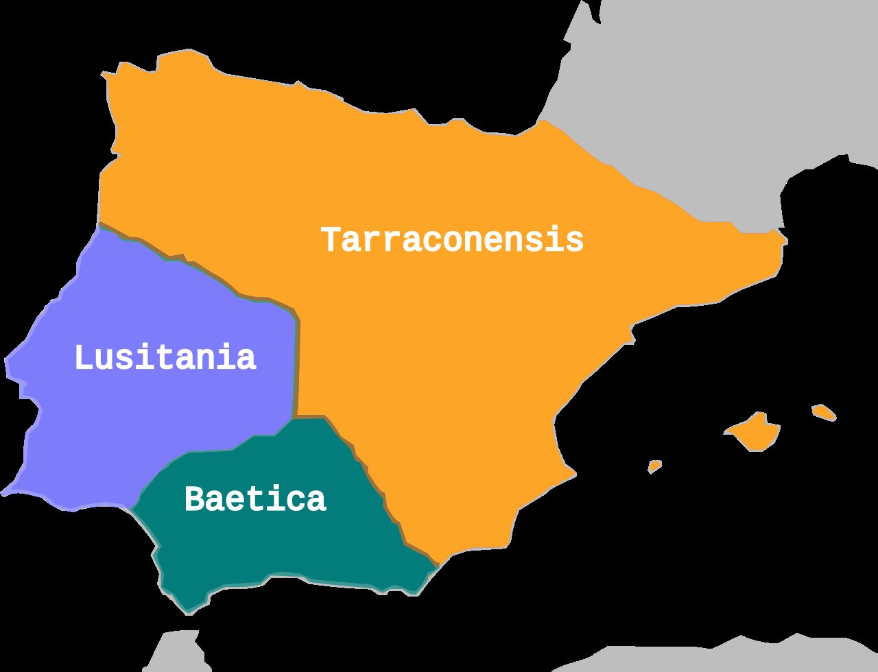 Mapa esquemático de la división provincial de la Hispania romana tras la reforma augustea del 27 a.C., con la Tarraconense, la Bética y la Lusitania