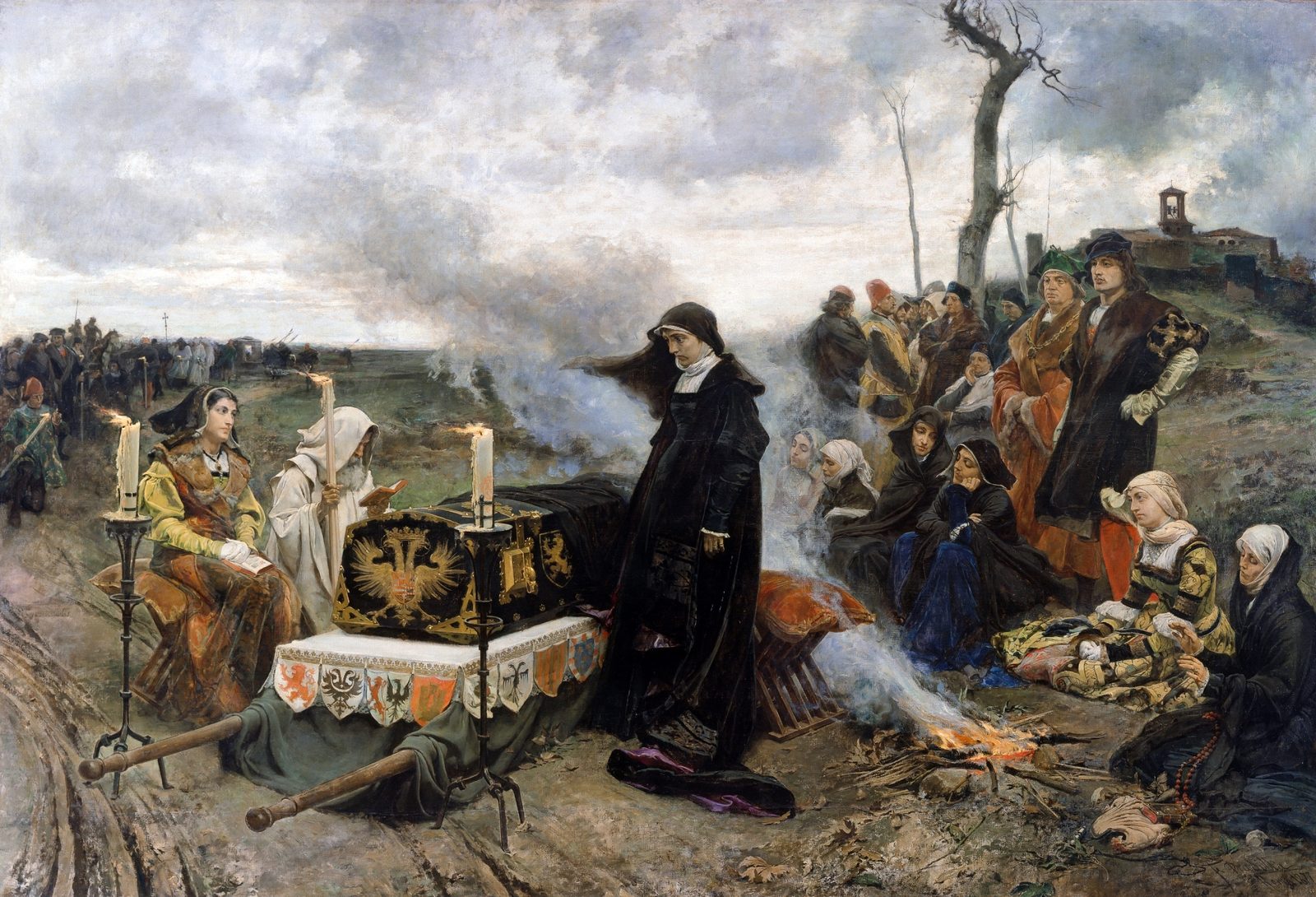 Pintura de Francisco Pradilla mostrando a Juana la Loca velando el cadáver de Felipe el Hermoso en 1506 durante el cortejo fúnebre por Castilla