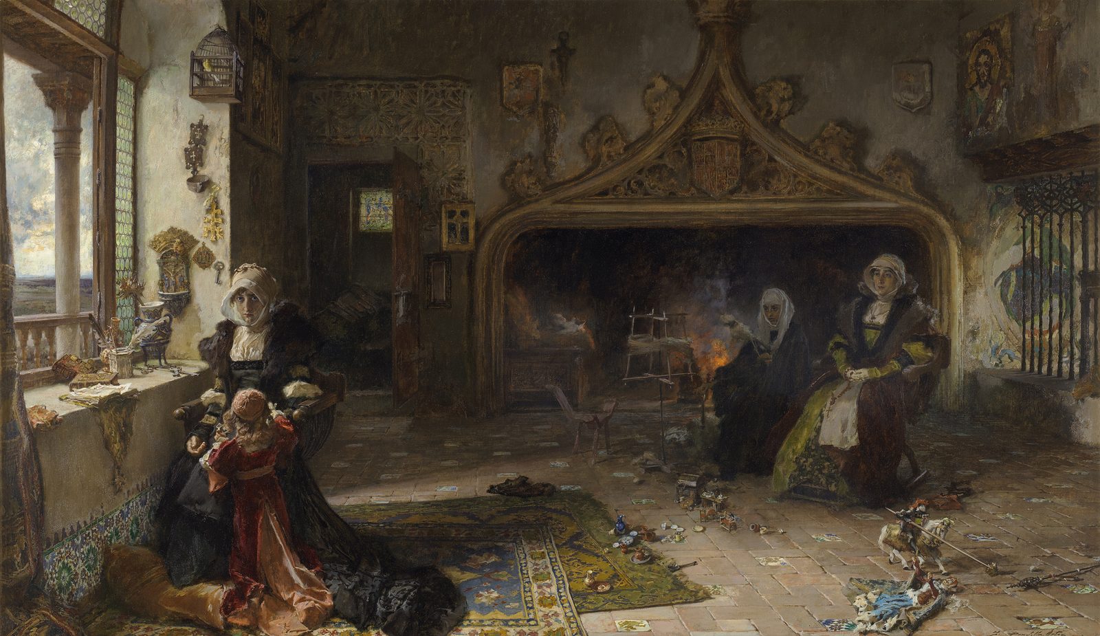 Pintura de Francisco Pradilla mostrando a Juana la Loca recluida en el palacio de Tordesillas con su hija Catalina