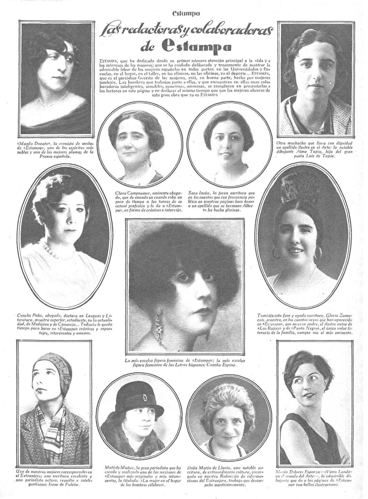 Fotografía de las redactoras y colaboradoras de la revista Estampa publicada el 1 de enero de 1929, con Clara Campoamor entre las escritoras y activistas españolas del momento