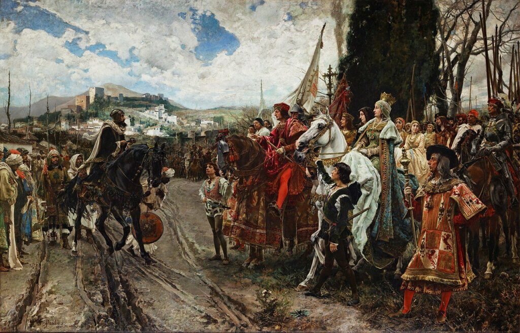 La rendición de Granada (1882) por Francisco Pradilla. Boabdil entrega las llaves a los Reyes Católicos.