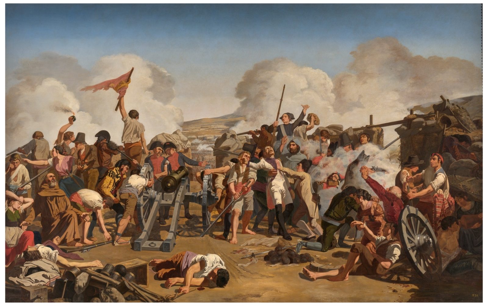 Pintura del sitio de Zaragoza mostrando al capitán Romeo cayendo herido mientras rechaza el asalto francés en la batería de la Puerta del Carmen