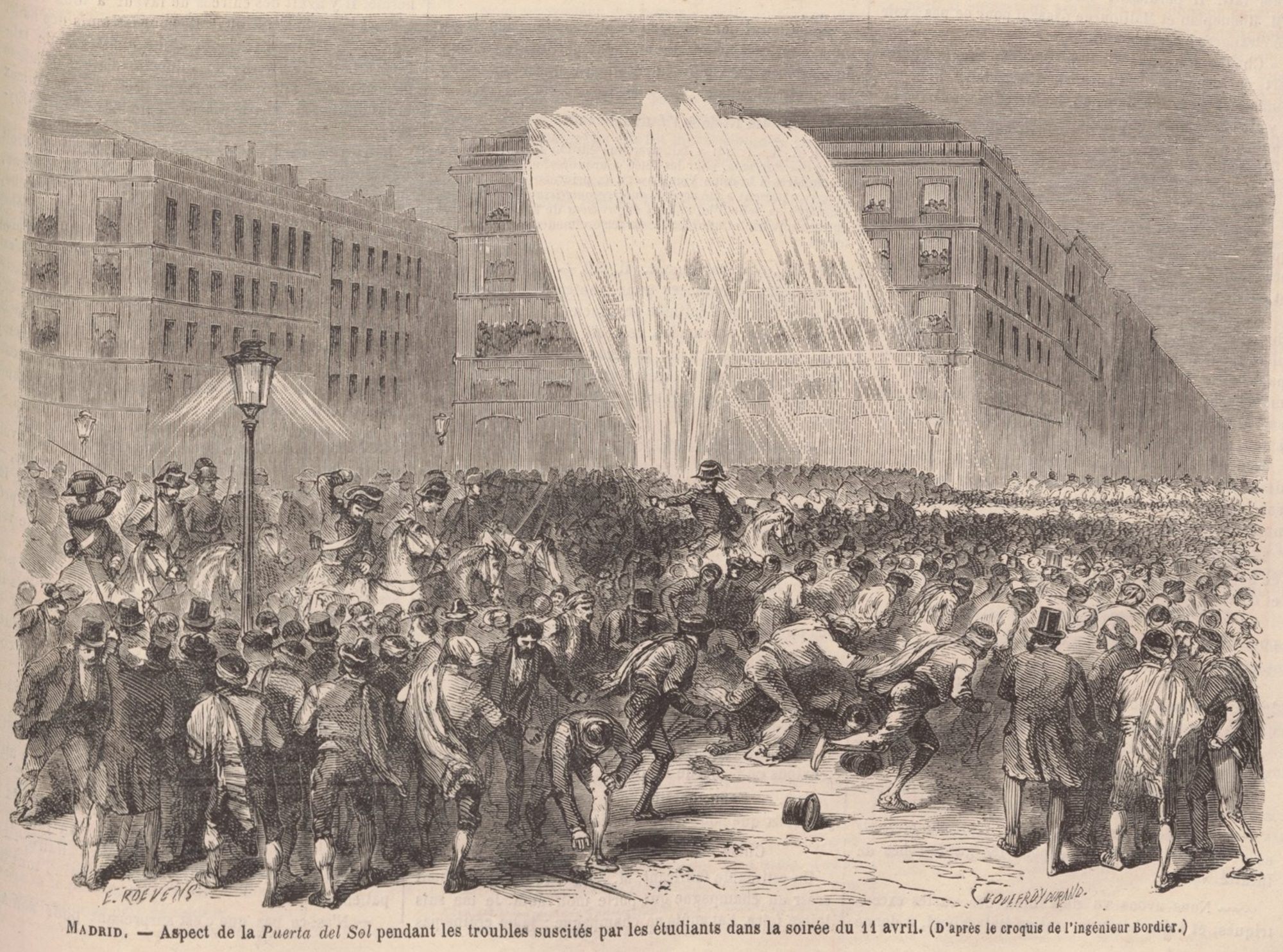 Ilustración decimonónica de la Puerta del Sol de Madrid con disturbios estudiantiles, Restauración española