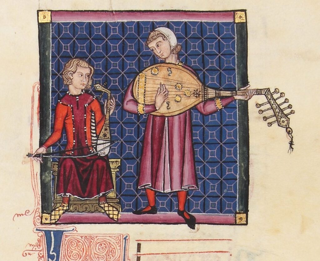 Iluminación de las Cantigas de Santa María mostrando dos músicos con laúd y rabel de la tradición andalusí que Ziryab estableció en Córdoba