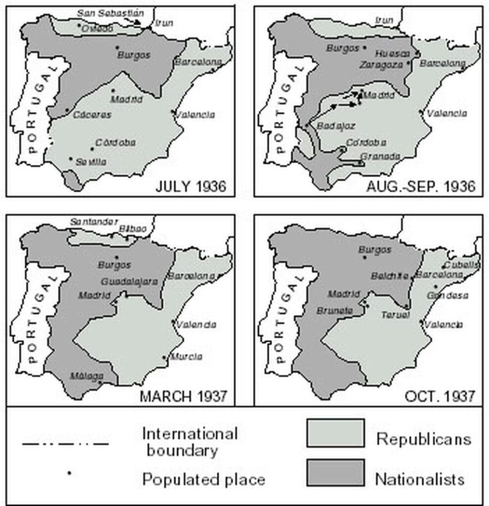 Mapa con la evolución de los frentes de la Guerra Civil Española entre 1936 y 1939