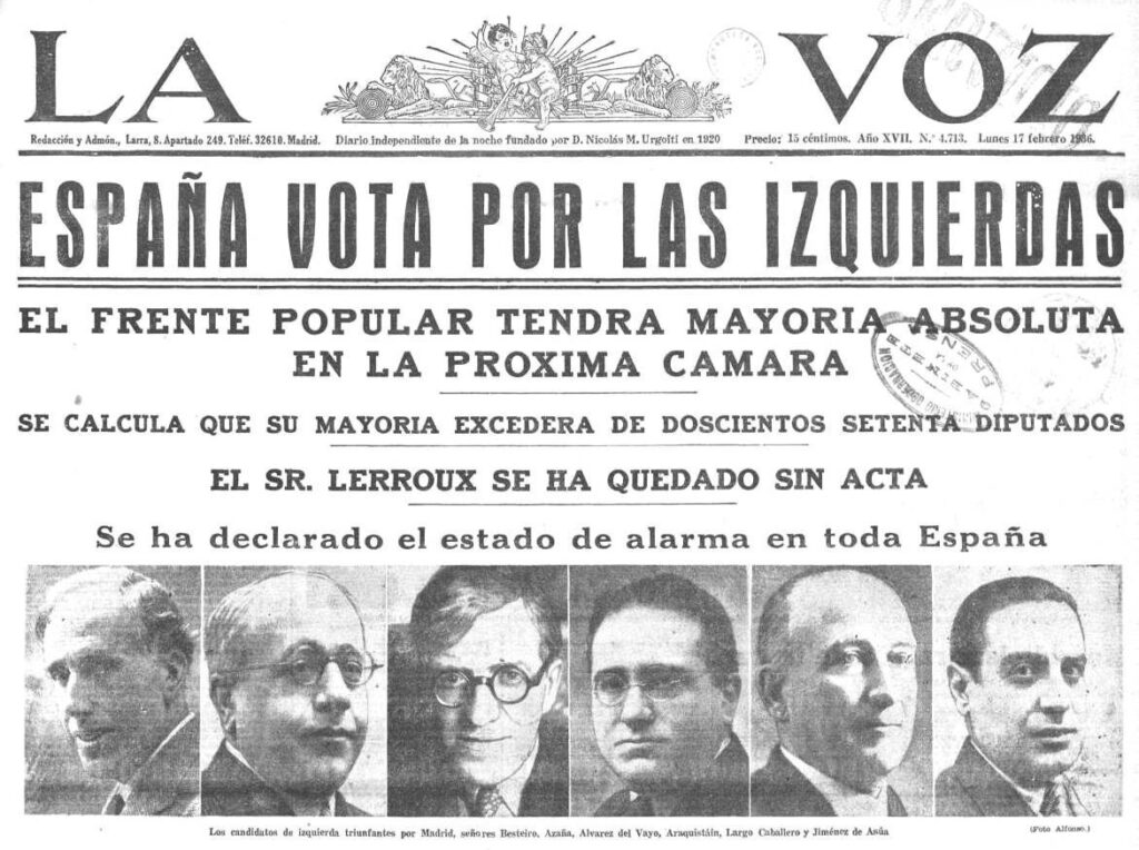Portada del diario La Voz anunciando la victoria del Frente Popular en 1936