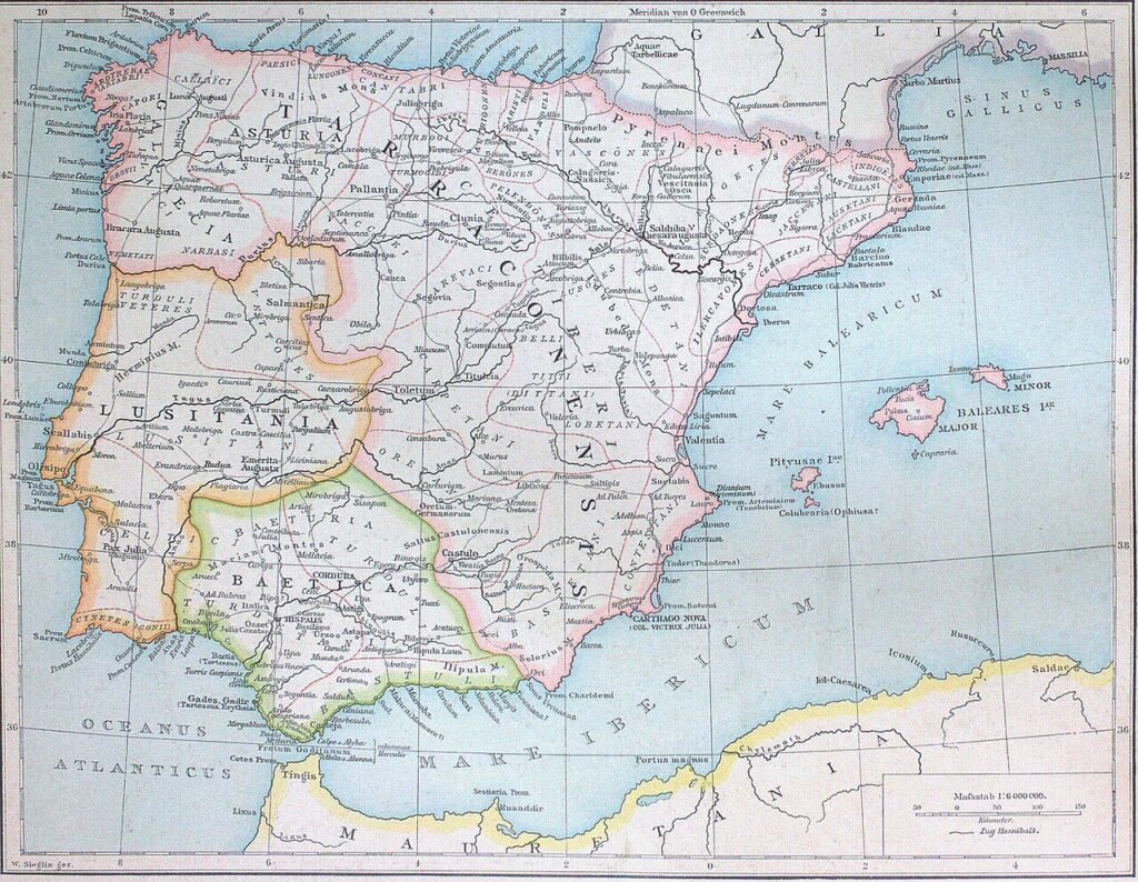 Mapa de la Hispania romana: Tarraconense, Lusitania y Bética