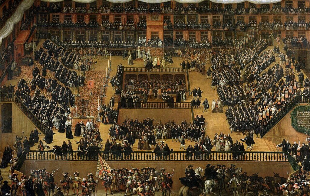 El gran auto de fe de 1680 en la Plaza Mayor de Madrid presidido por Carlos II, óleo de Francisco Rizi